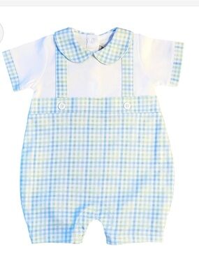 NWT Marco & Lizzie Blue & Green Gingham Baby Romper with Peter Pan Collar